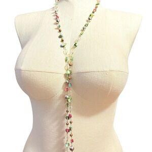 Multicolor Bead  Necklace  46" pink green beads silver - Women Jewelry